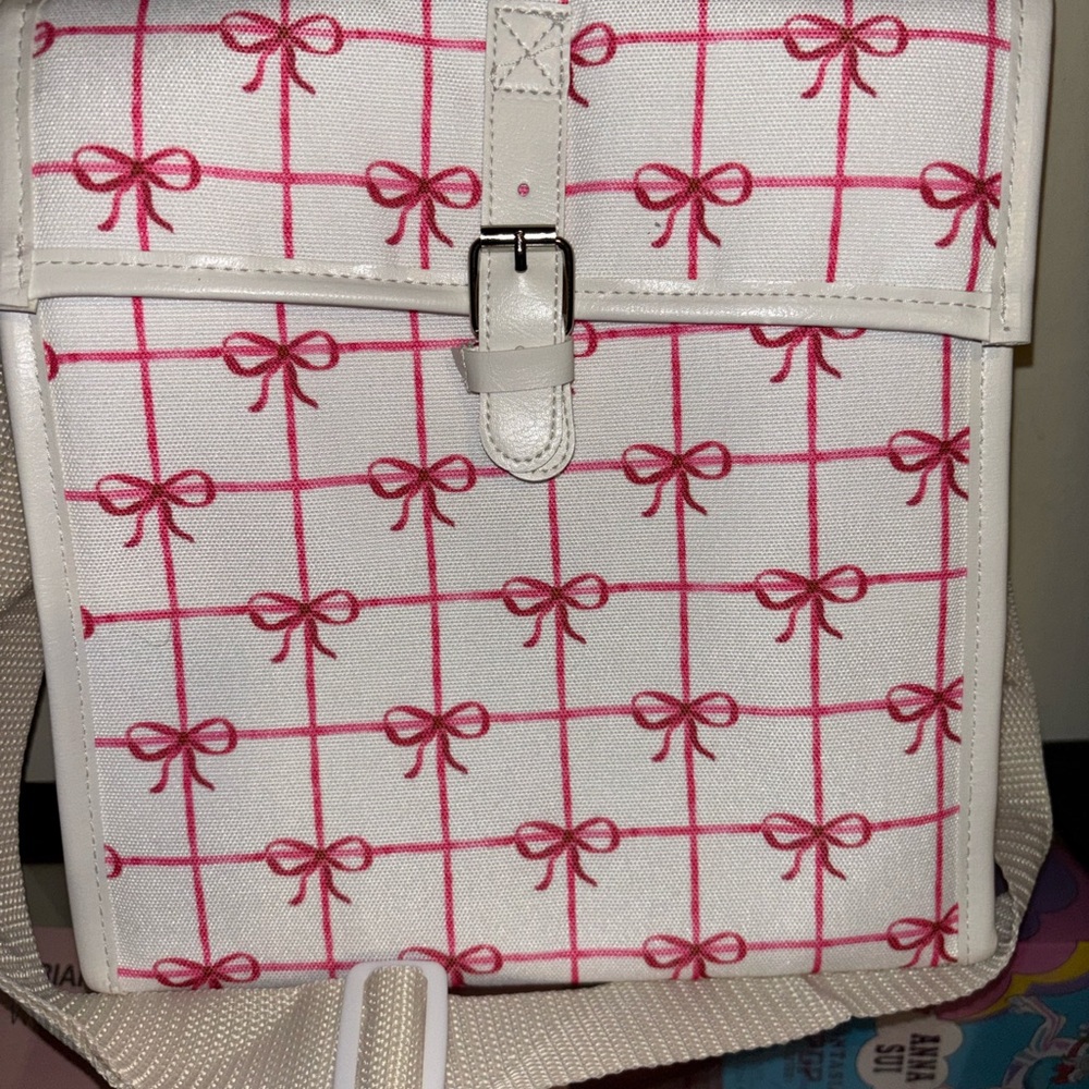 White Canvas Crossbody Bag with Pink Bow Grid Pattern